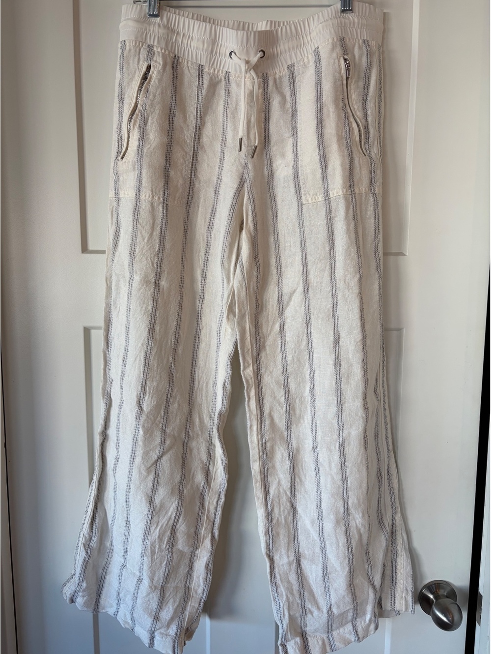 Athleta Striped Linen Wide-Leg Pants — Cream/Grey Stripe, Size 8